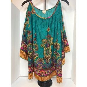 R. Rouge Geometric Paisley Cold Shoulder Boho Green Tunic Top Womens Size M